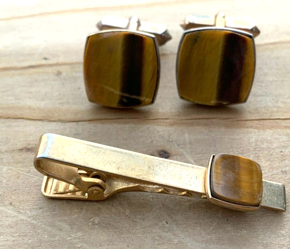 Vintage Cufflinks Tie Bar Clip Clasp Shirt Set Brown Stone Unsigned Men’s