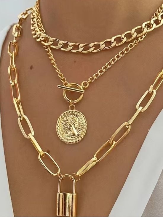 Layered Gold Coin & Padlock Necklace Trio – Women’s Jewelry 3 Necklaces