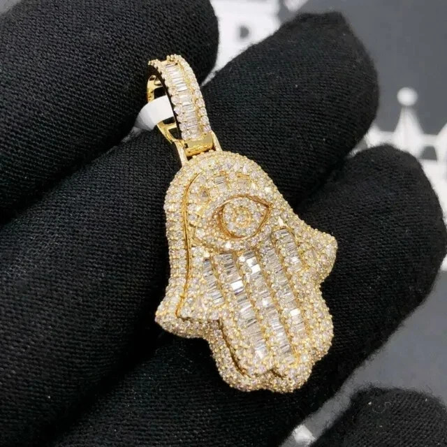 4Ct Baguette Real Moissanite Hamsa Hand Women’s Pendant 14K Yellow Gold Plated