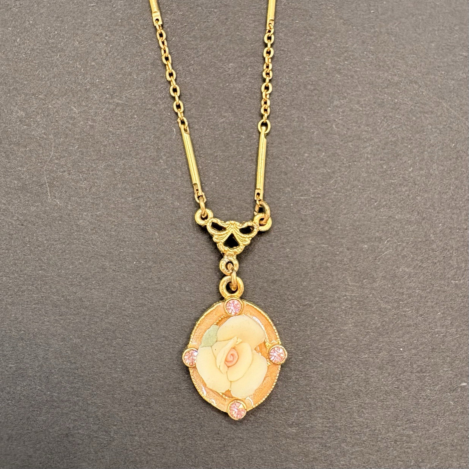 Vintage 1928 Brand Porcelain Rose Swirl Enamel Rhinestones Gold Tone Necklace