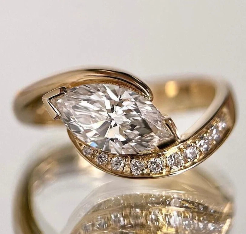 Halo 2 Ct Marquise 14k Yellow Gold Diamond Ring Lab Grown IGI Certified VVS E F