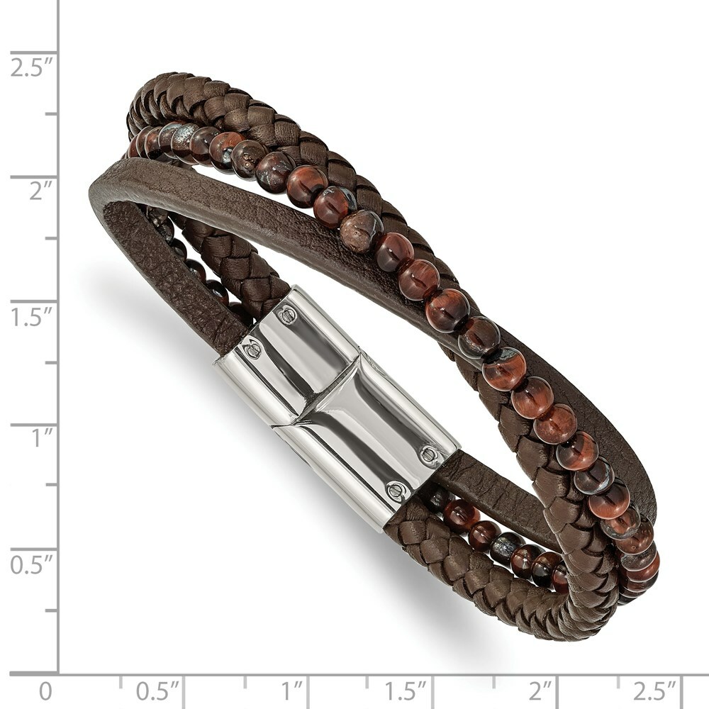 Stainless Steel Polished with Tiger’s Eye Brown Leather 8.25in Bracelet