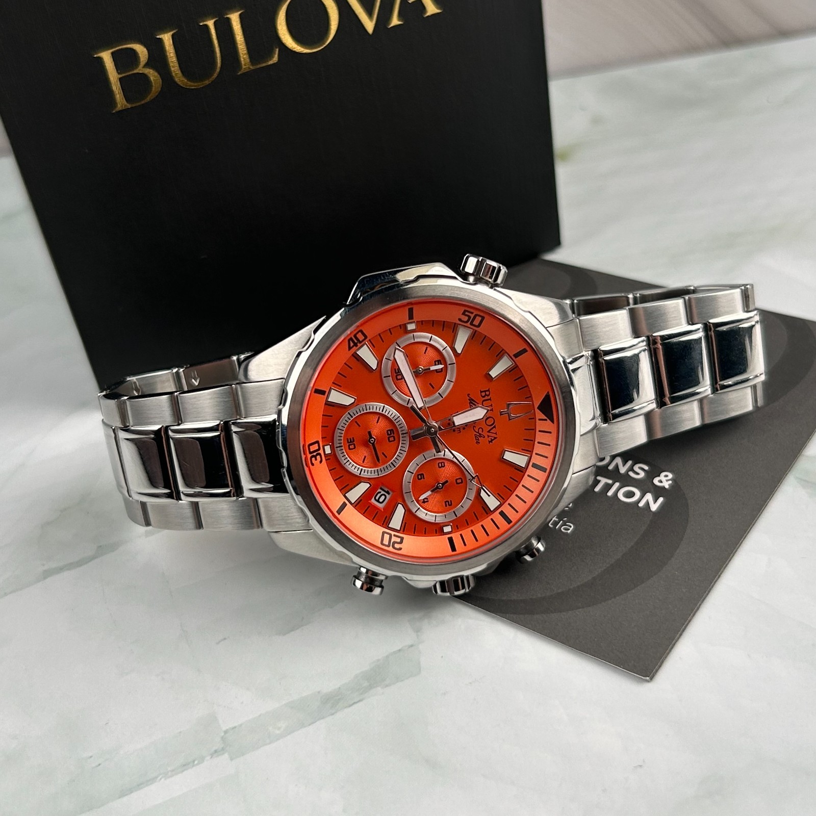 Bulova Marine Star 96B395 Orange Dial Men’s Chronograph Quartz Watch New 43MM