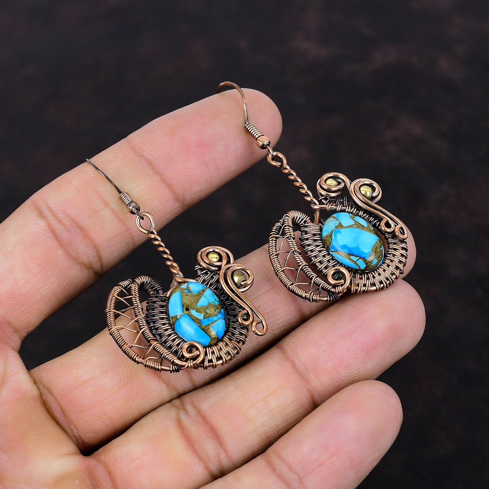 Blue Turquoise Copper Gift For Love Wire Wrapped Drop/Dangle Earrings 2.32″