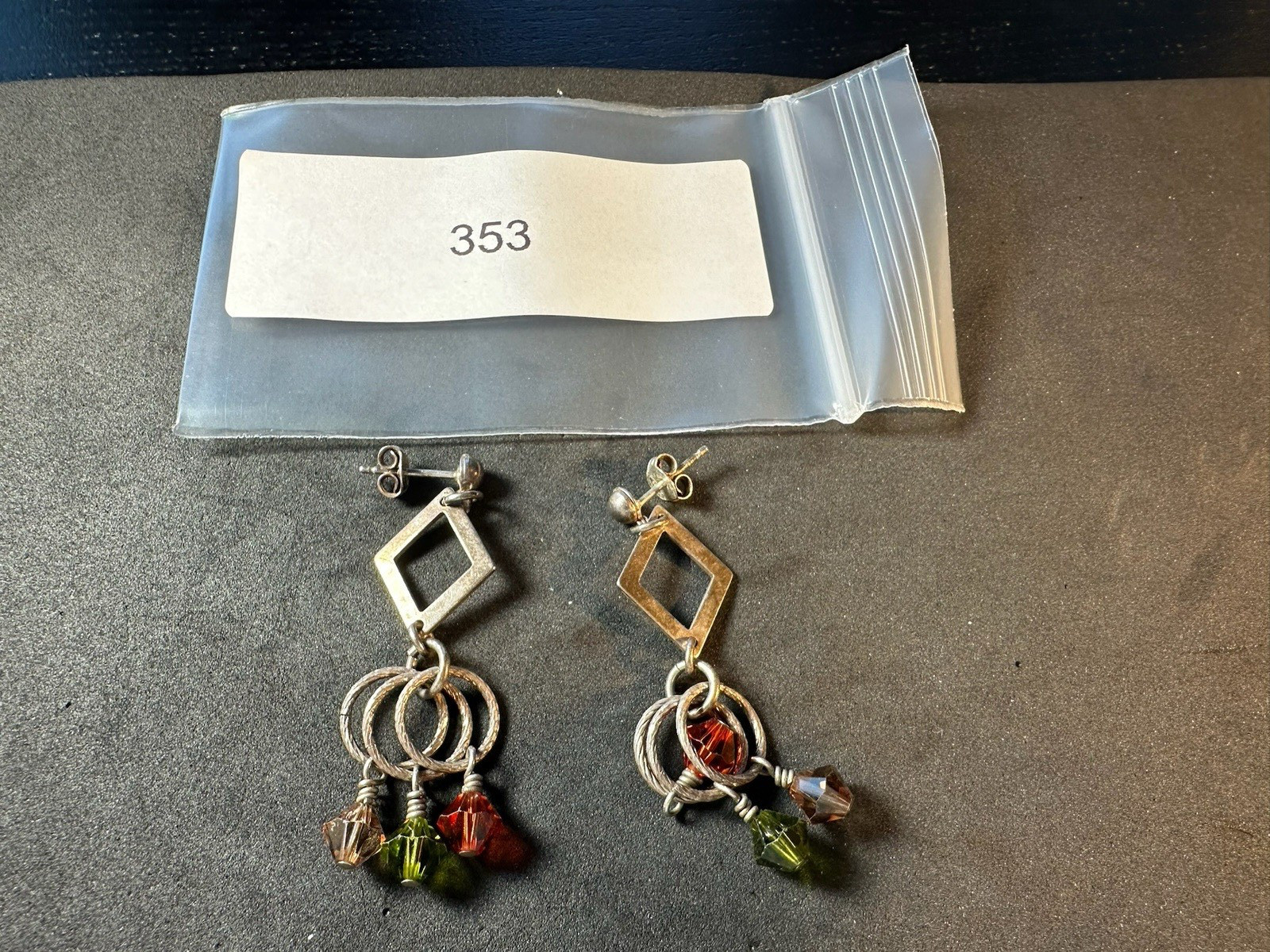 6.00g Sterling Silver Vintage 925 Multicolor Crystal Dangle Earrings Geometric