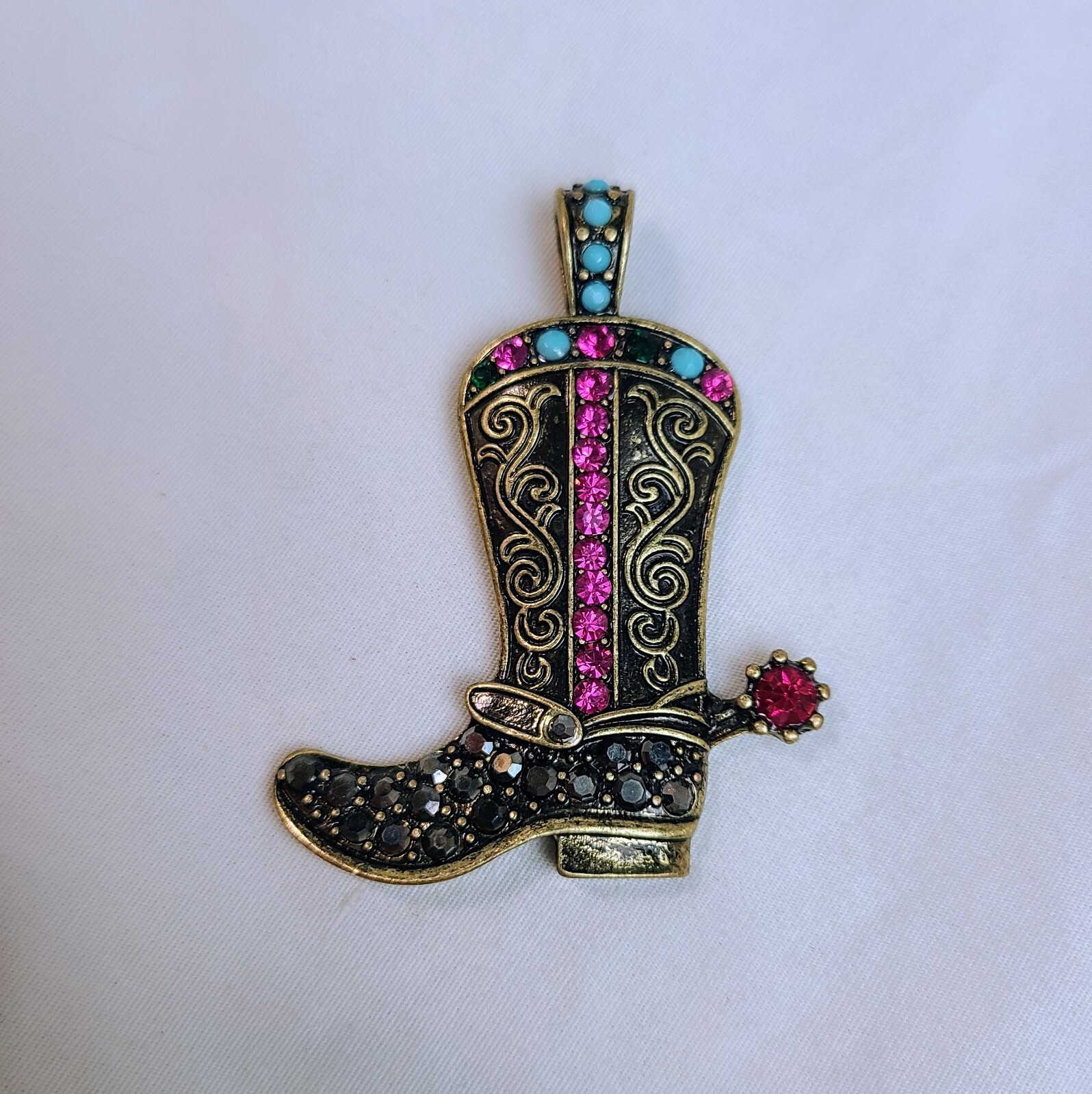 Brass Tone Pink Blue Black Rhinestone Cowboy Cowgirl Boot Spur Pendant