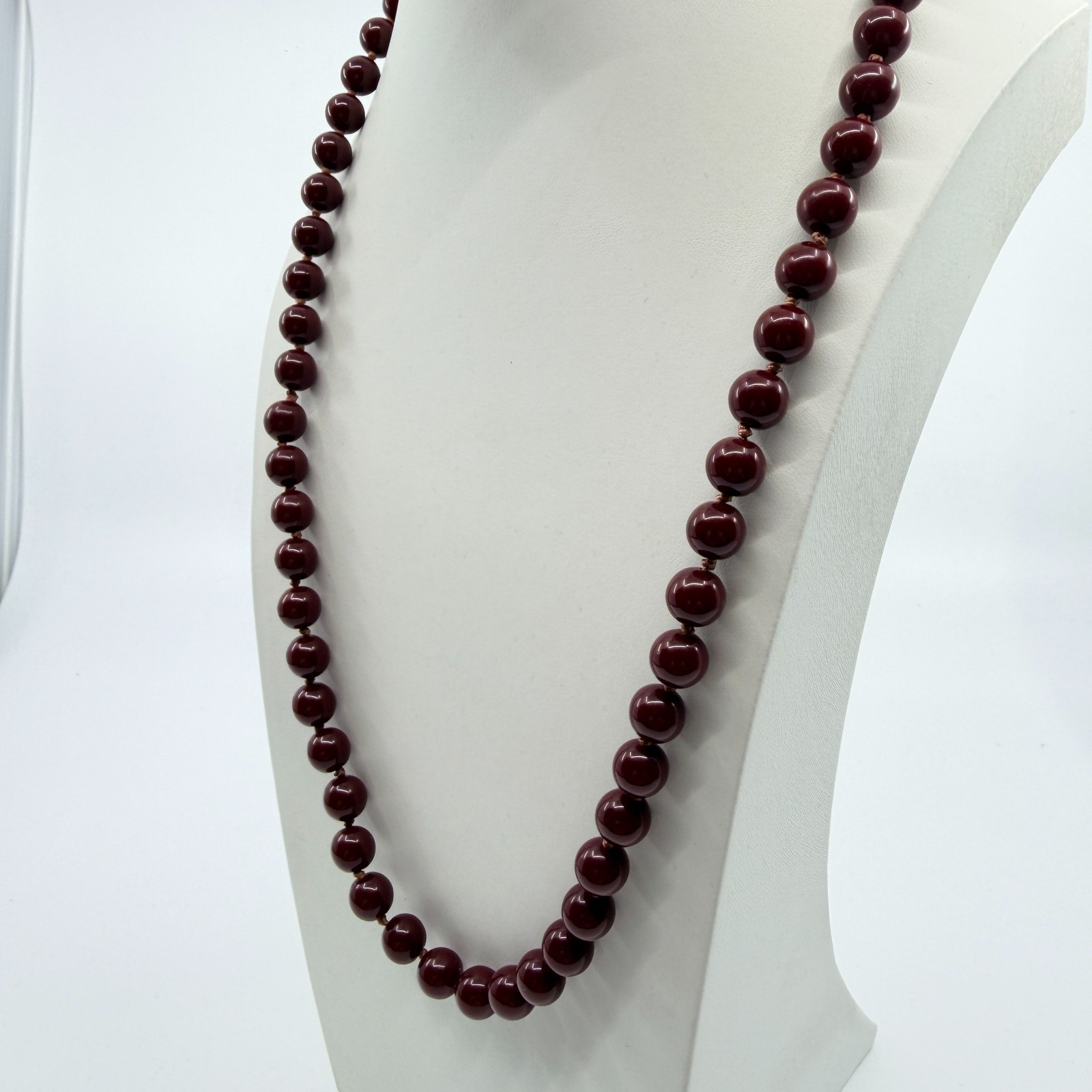 VTG Burgundy Red Glass Simulated Pearl Knotted Strand Necklace Boho Retro