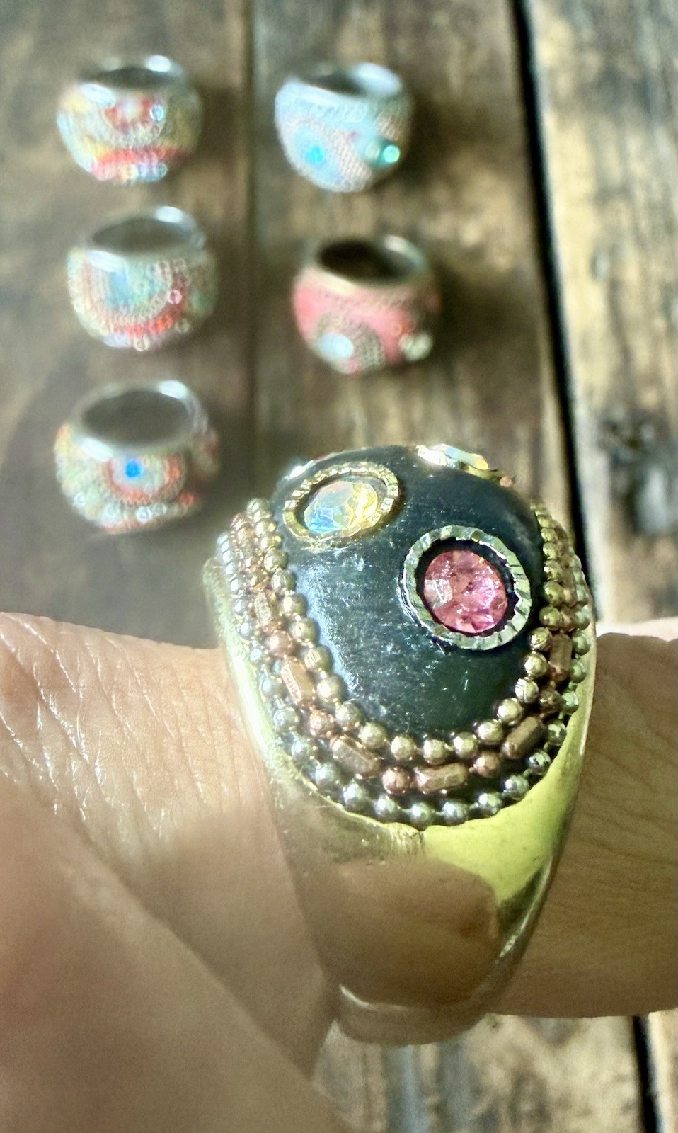Lot of 6 Chunky Statement Rings Boho Rhinestone Multi Color Pink Blue Black