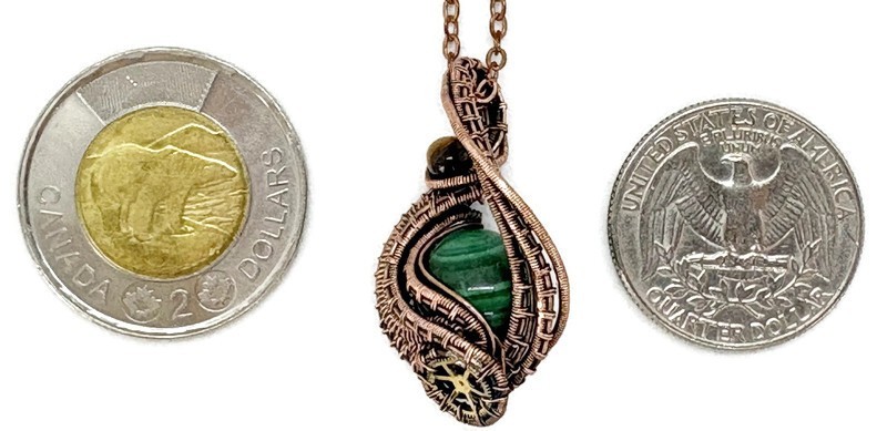 Steampunk Malachite Pendant, Wire-Wrapped in Bronze with Golden Tiger Eye