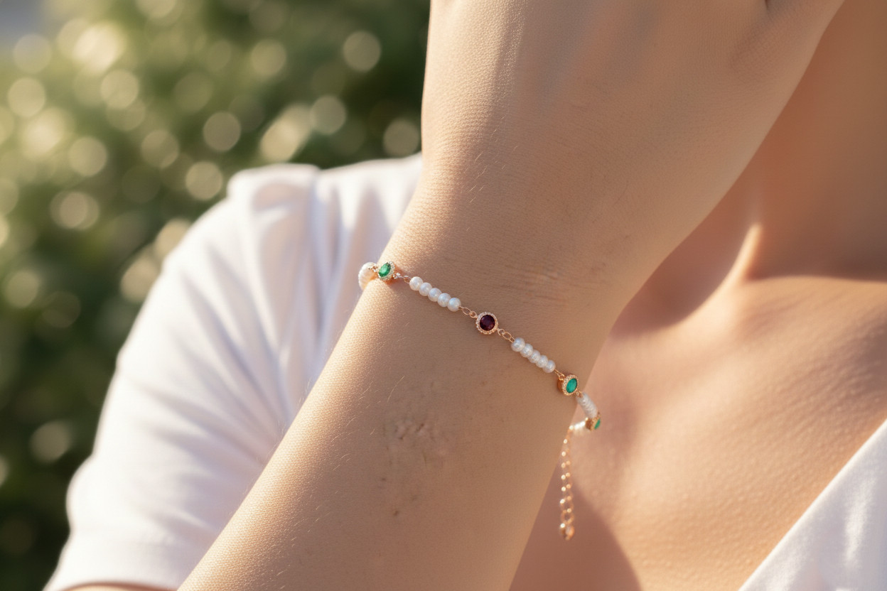 Elegant Rose Gold Plated Beaded Bracelet Pearl & Multi-Color Gemstone Station