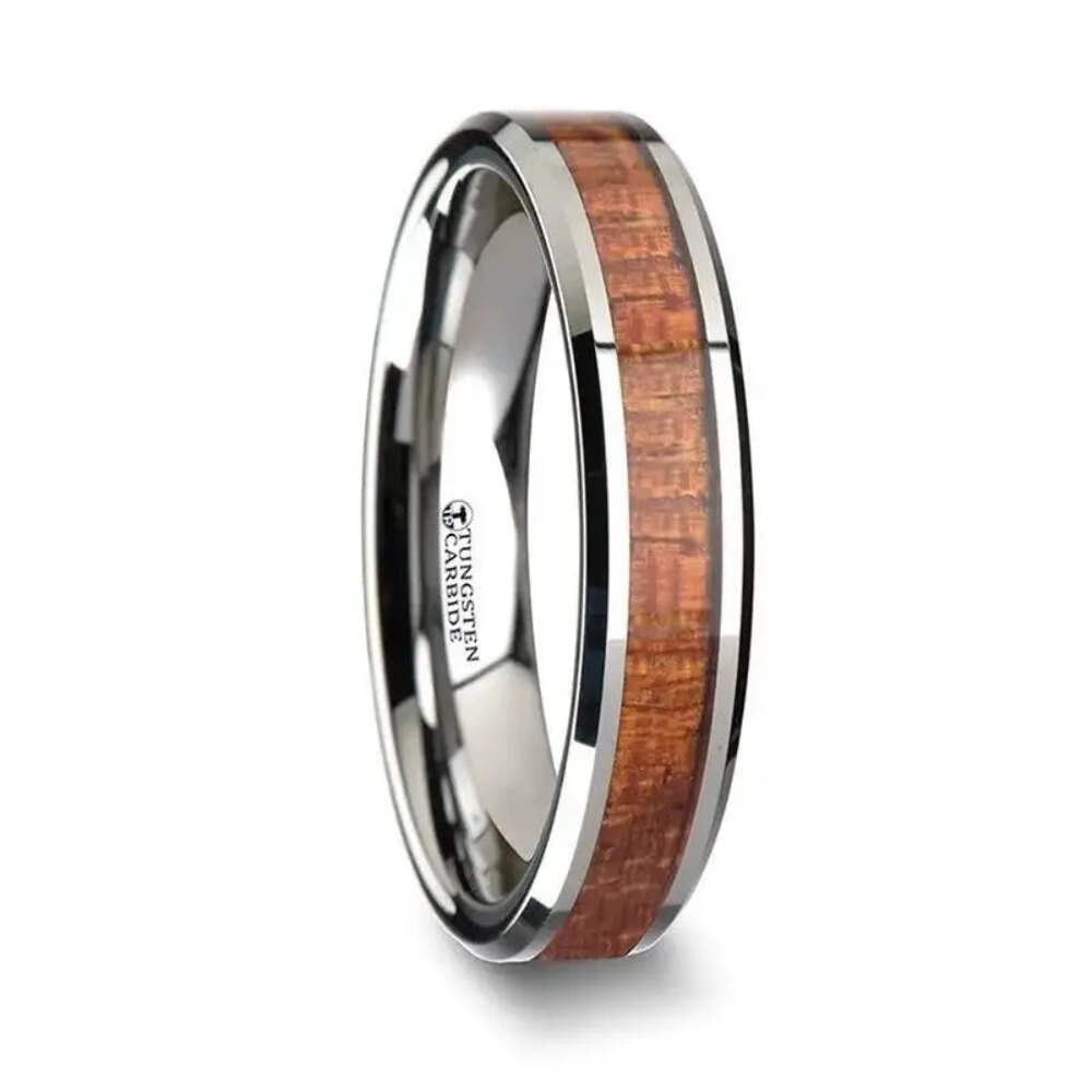 KHAYA Tungsten Band with and Real Hardwood Mahogany Inlay – 4mm – 10mm