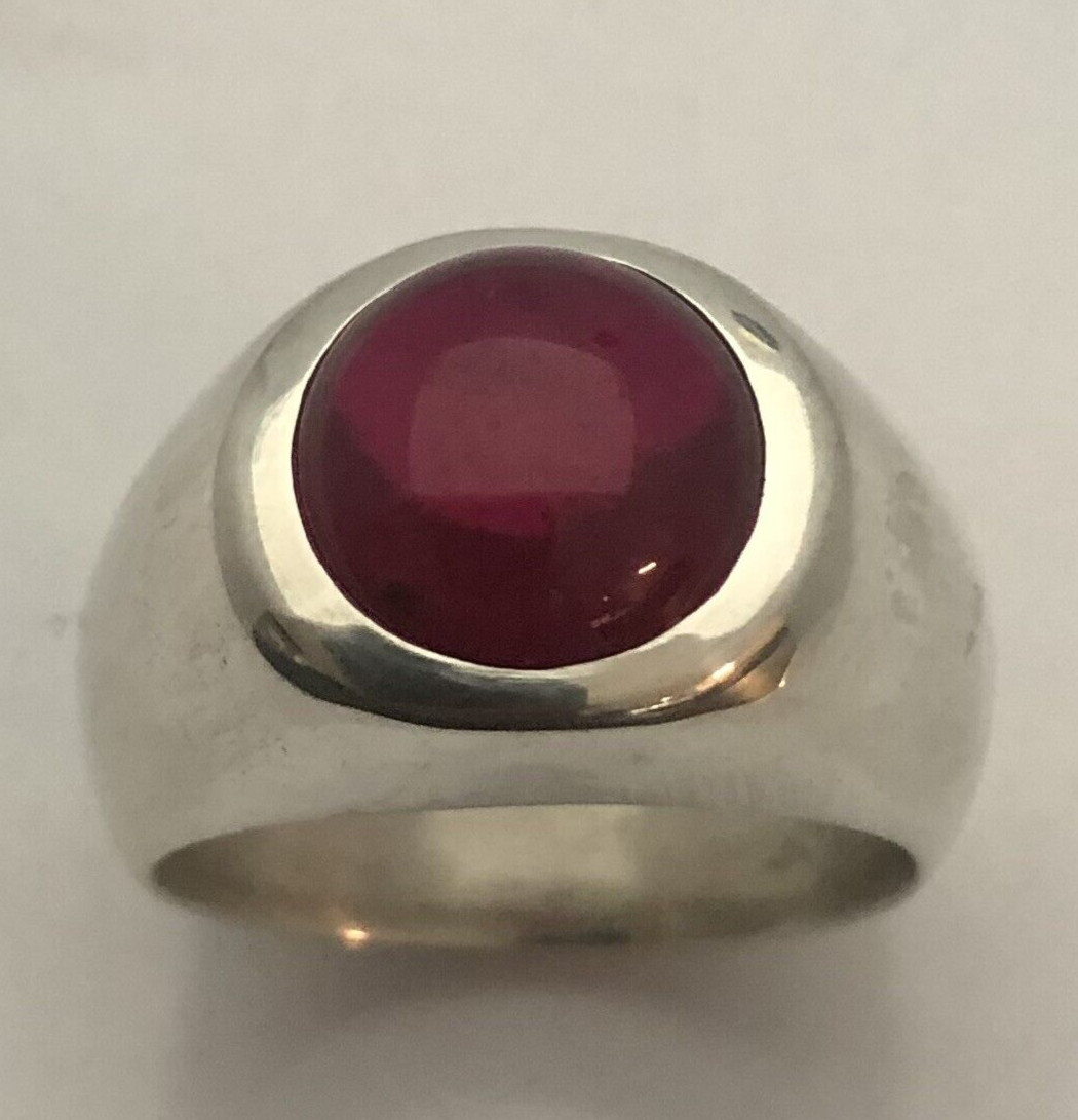 MJG STERLING SILVER MEN’S RING. 12mm ROUND LAB RUBY CABOCHON. SIZE 9 3/4