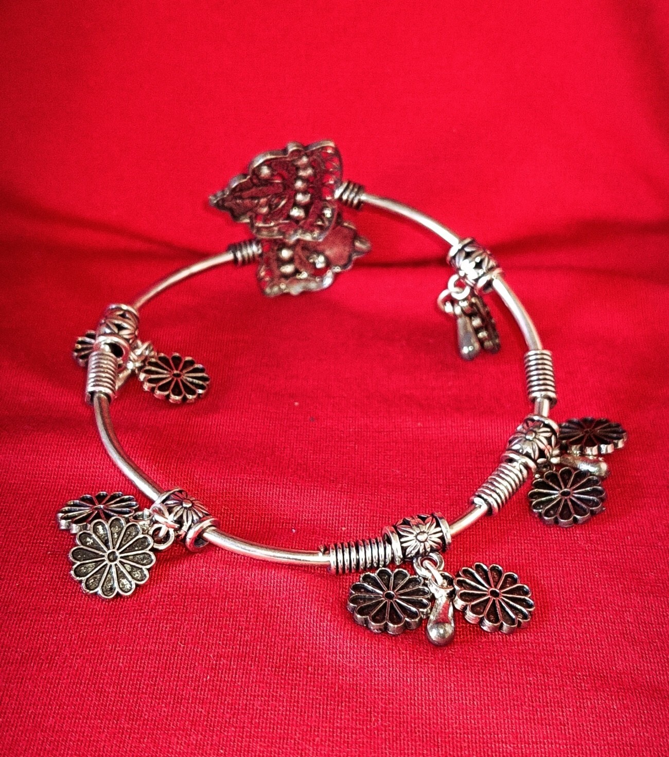 Silver Oxidized cuff adjustable Charm Flower Bracelet Women Partywear Jewelry