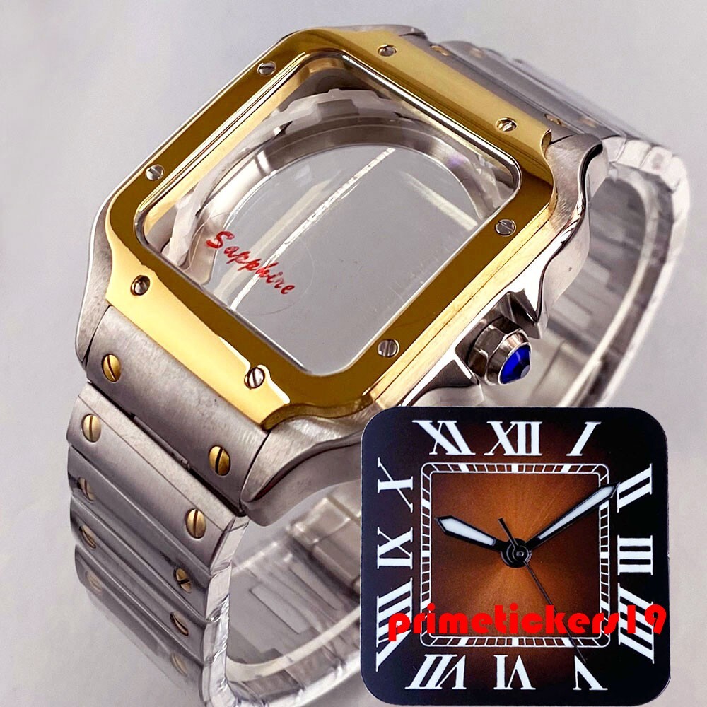 38mm Square Watch Case+Band+Dial Hands Set Fit NH35 NH36 NH38 Transparent Back