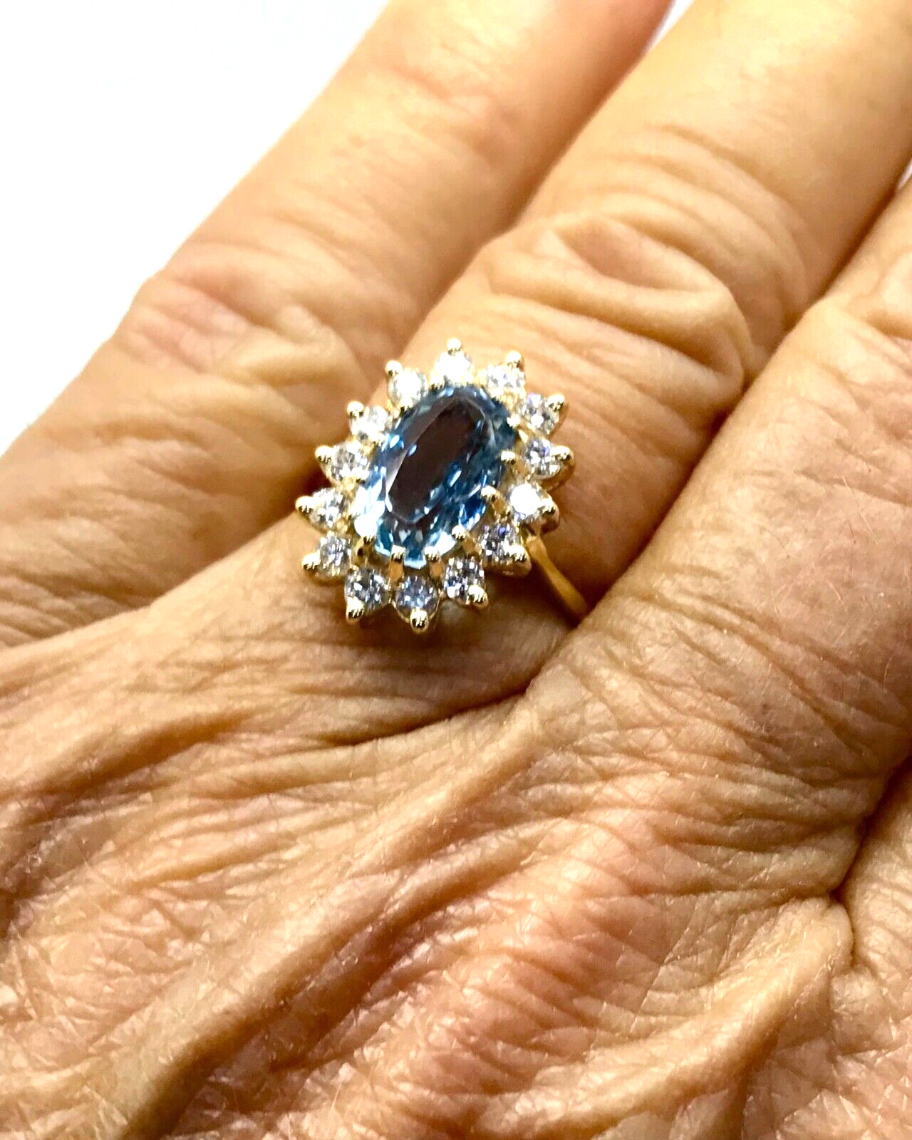 2.15 Carat Oval Blue Topaz & Diamond Halo Ring 14 k YG w/Card Appraisal – Size 6
