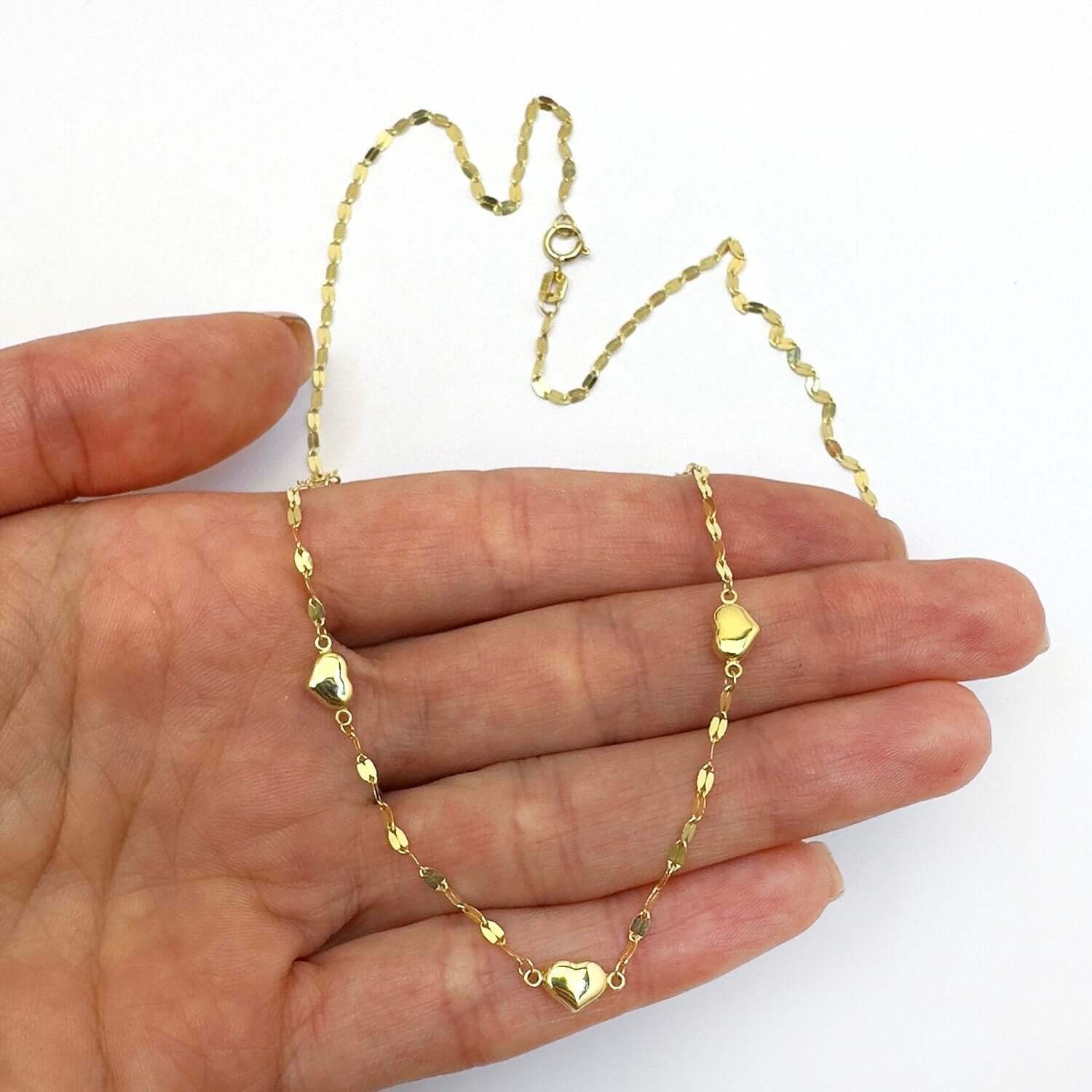 14K Gold 2mm Mirror-Link Heart Charms Chain Necklace 18″