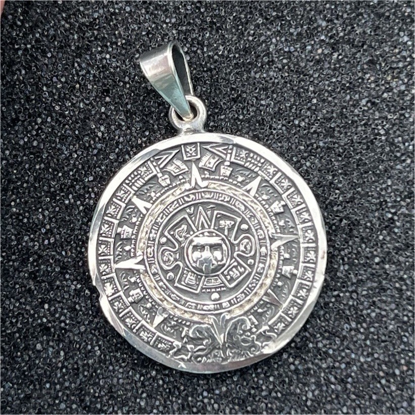 Sterling Silver 925 Aztec Calendar Medallion Pendant No Stone Silver Tone