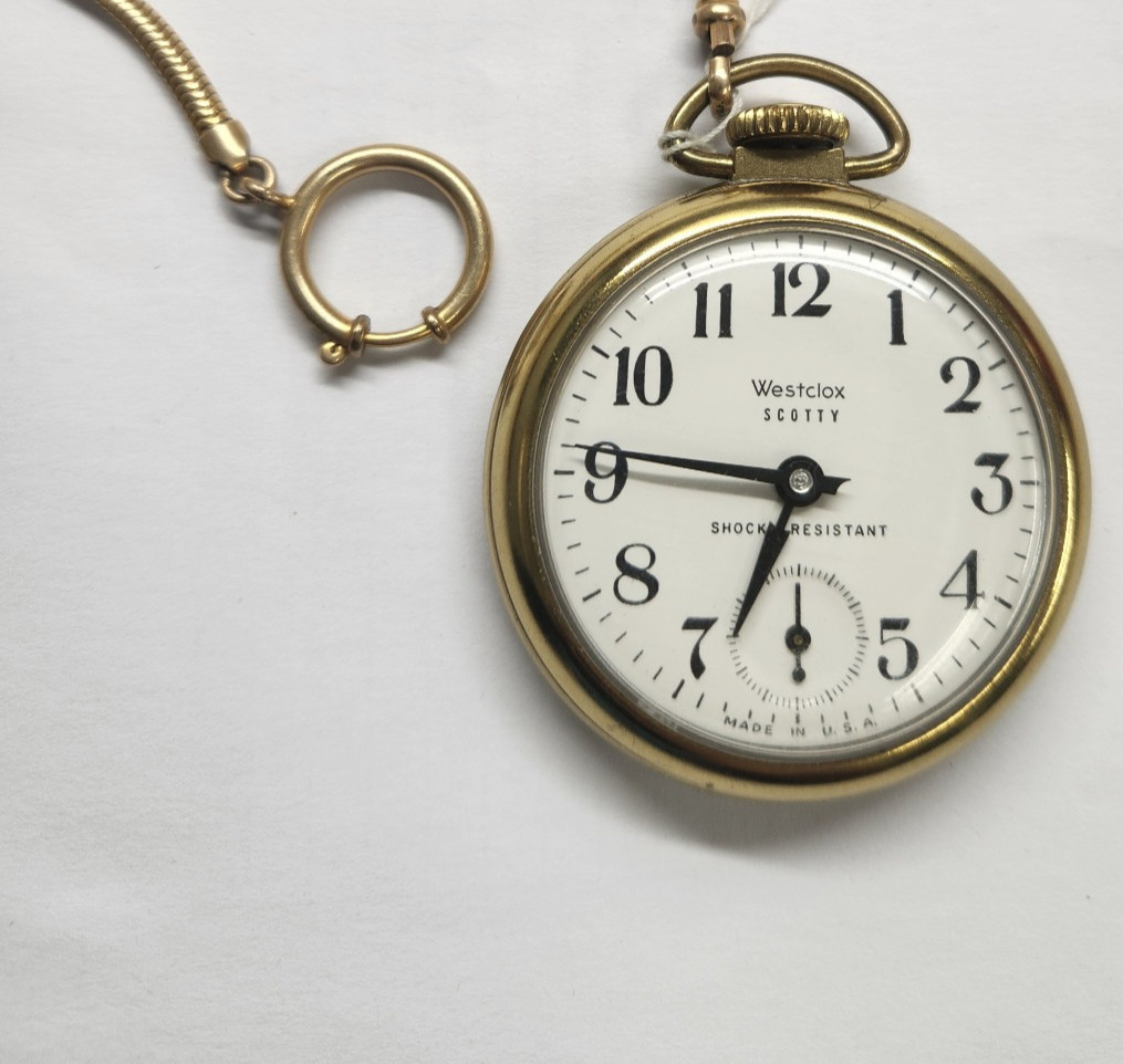 Vintage Westclox Scotty Pocket Watch Made in USA Mechanical Wind Runs w/ Chain
