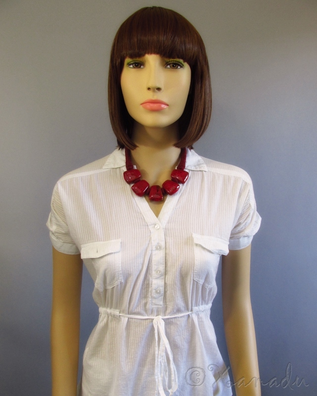 Crimson Red Porcelain Necklace With Eclectic Maroon Red Cotton Thread Chain