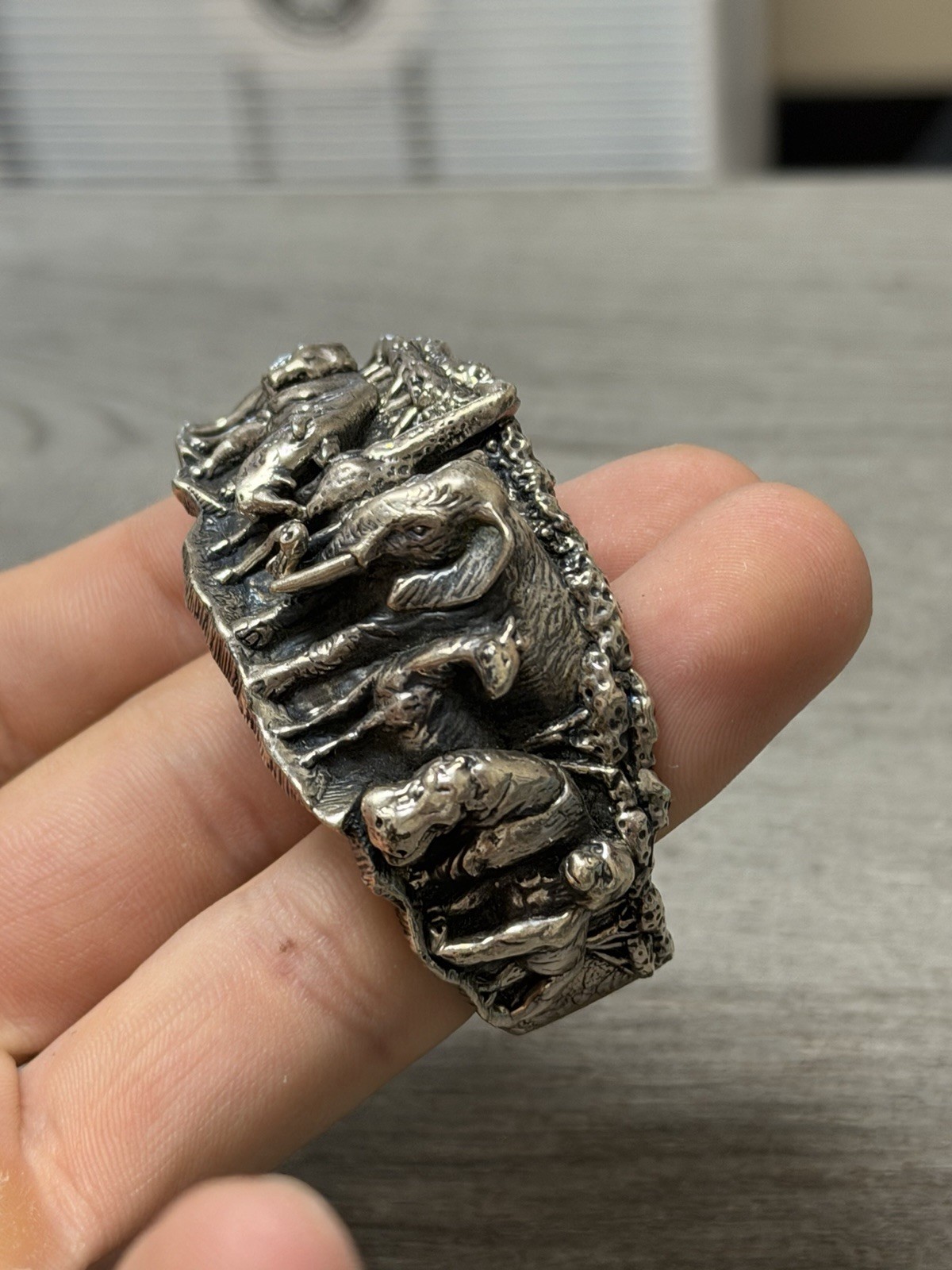 KABANA Sterling African Safari Animals 3D Cuff Bracelet Lion Hippo Gorilla Rhino