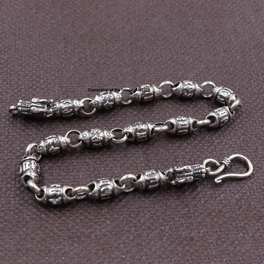 Solid 925 Sterling Silver Six-word Mantra Oval Bead Link Bracelet Jewelry Gift
