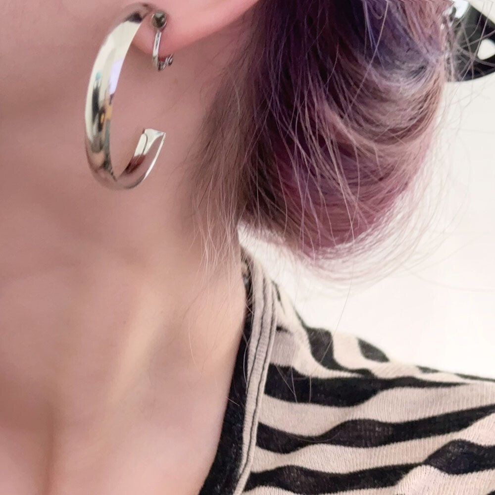Clip On Hoop Earrings Round Big Chunky Wide Screw On Earrings Silver Tone