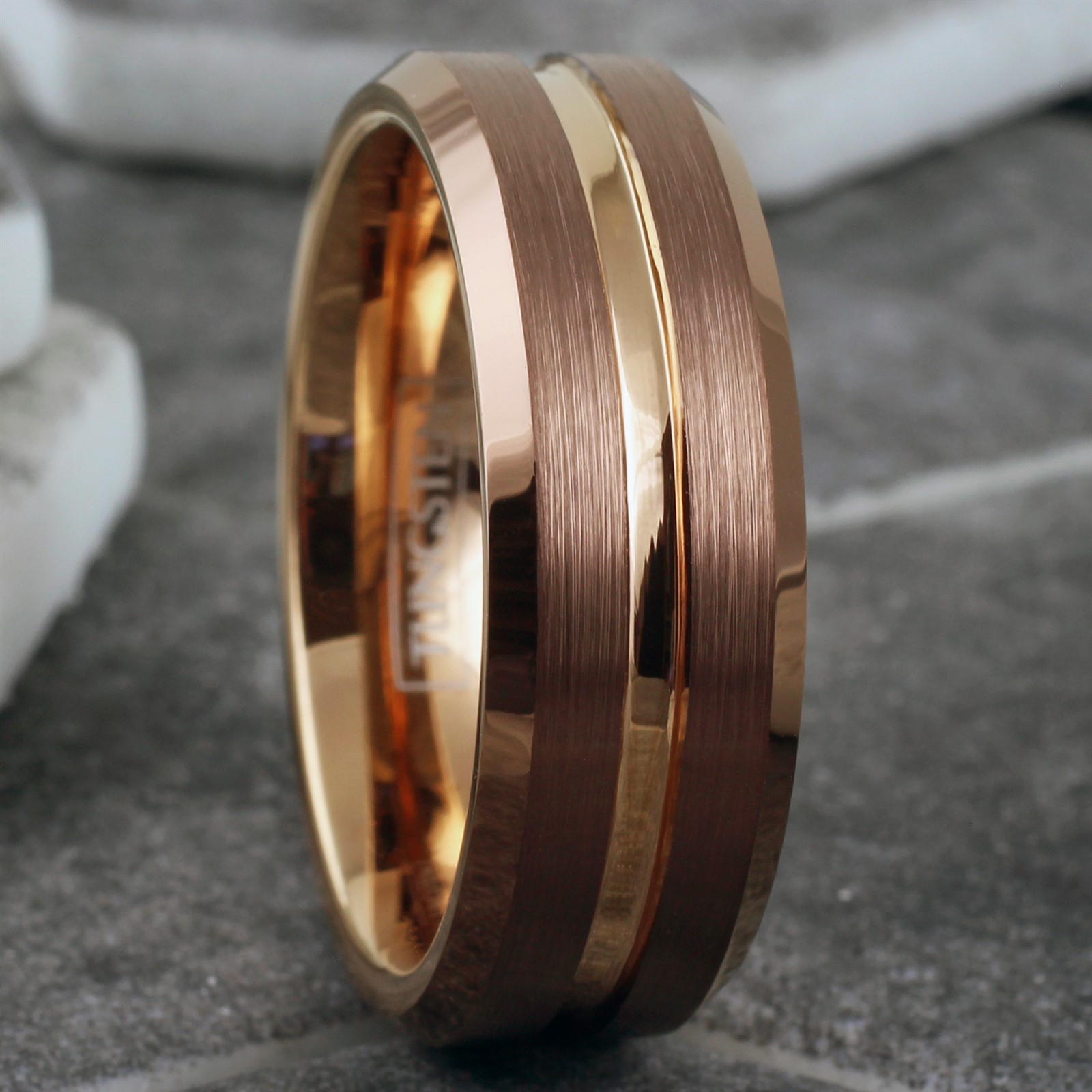 Bronze-Brown Tungsten Carbide Men’s Ring Rose Gold Plated Stripe Wedding Band