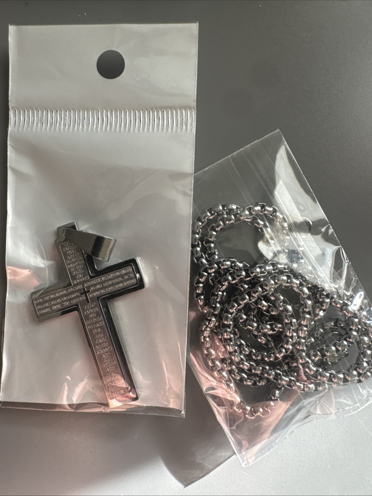 Cross Pendant Scripture Stainless Steel Silver Tone 24” Chain Faith Jesus Gift