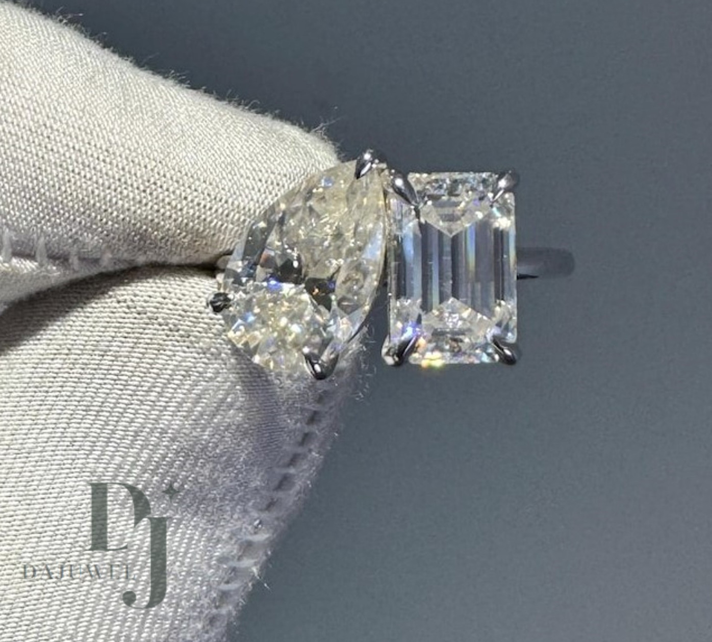 3 CT Pear/Emerald Cut Moissanite Toi Et Moi Engagement Ring Solid 14K White Gold