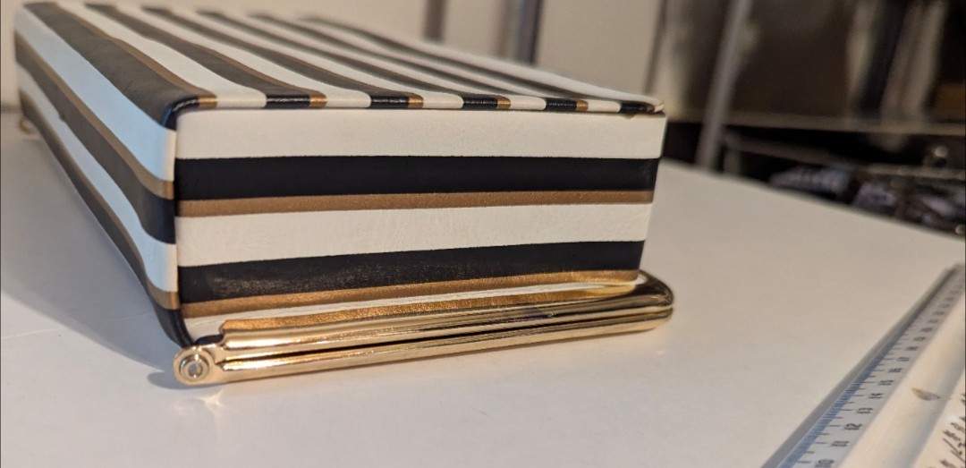 Liz Claiborne Black White Striped w/Gold Accents Hard Travel Jewelry Box 9″L