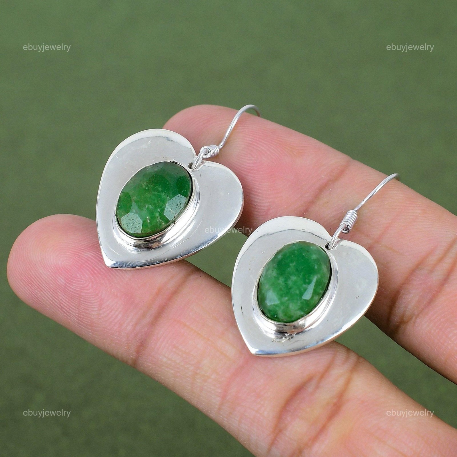 925 Sterling Silver Zambian Emerald Gemstone Dangle Drop Mother Heart Earrings