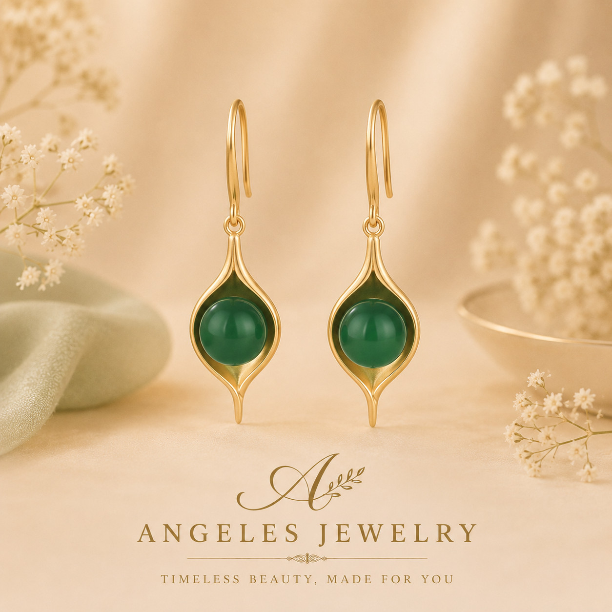 Green Jade Drop Dangle Earrings Minimalist Leaf Gemstone Hook 18K Gold Plated