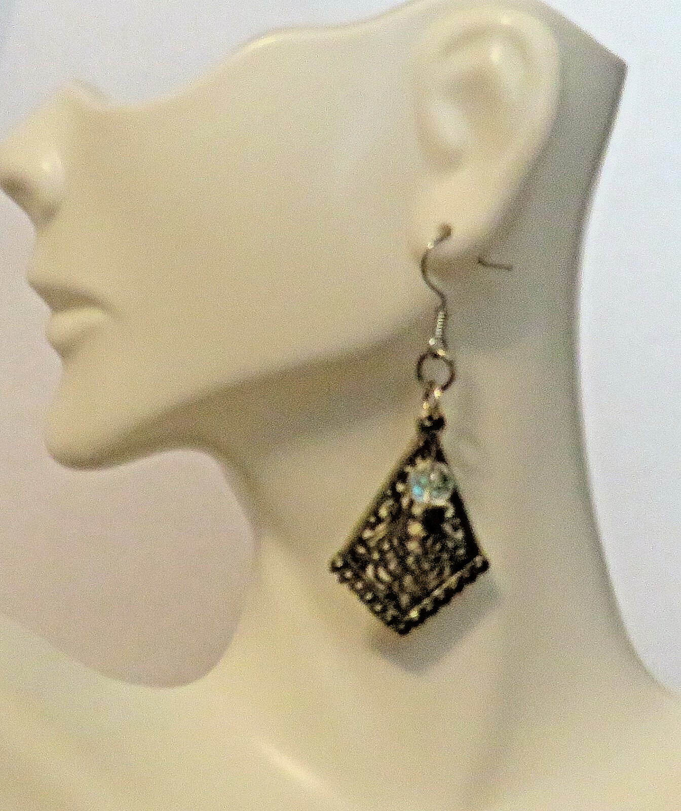 Kite Shape Filigree Earrings • Crystal Accent • Handmade 1.25” Drops