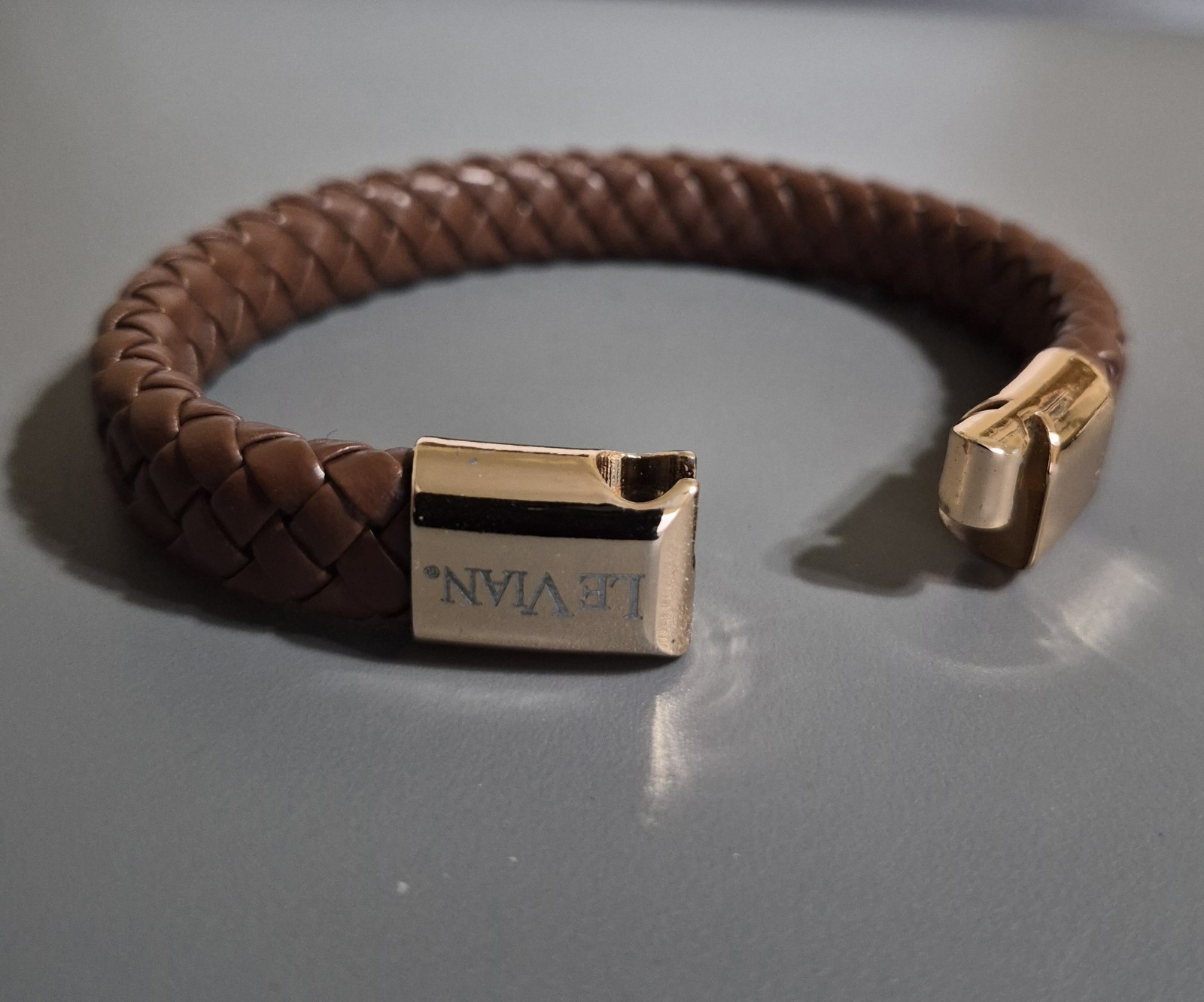 Le Vian Bracelet Rose Gold Tone Brown Leather Look Braided Magnetic 7.5″