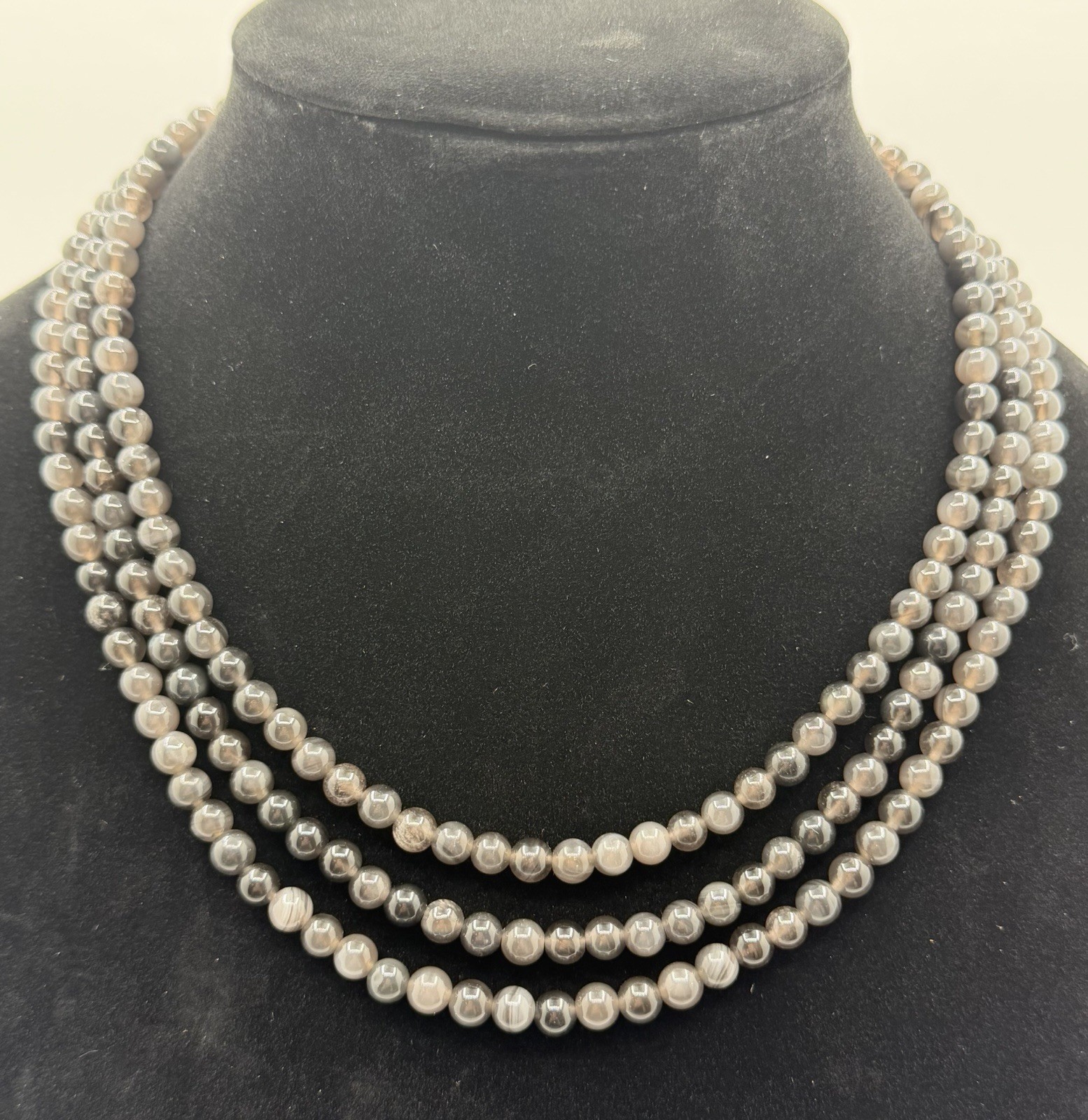 Jay King (Desert Rose Trading) Triple-strand Sterling Grey Quartz Necklace 17″