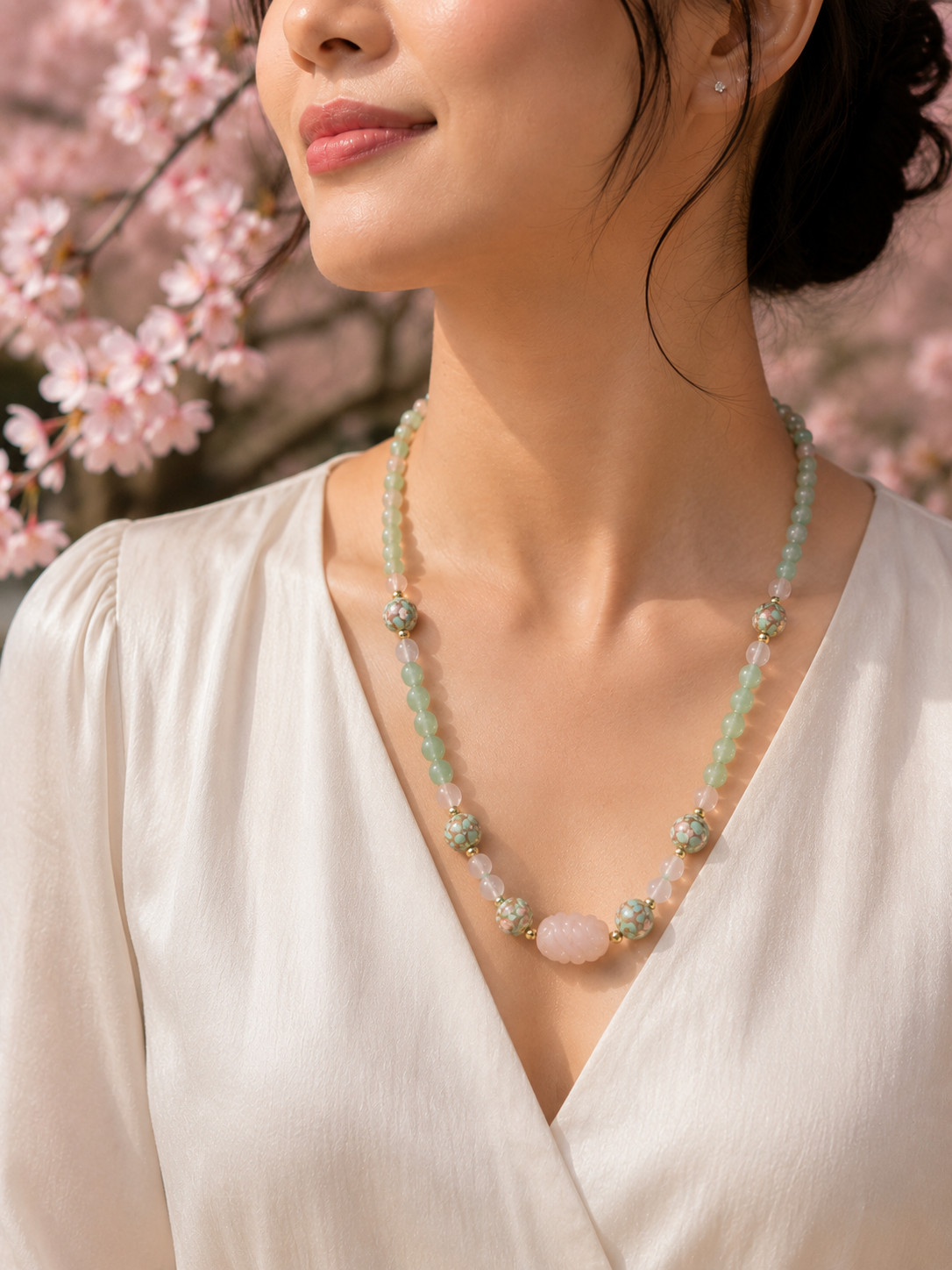 Vintage Rose Quartz & Green Chalcedony Necklace | Cloisonné Enamel Beads