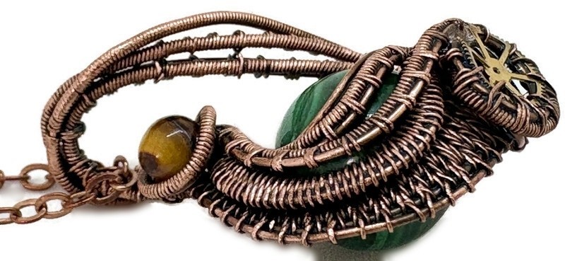 Steampunk Malachite Pendant, Wire-Wrapped in Bronze with Golden Tiger Eye