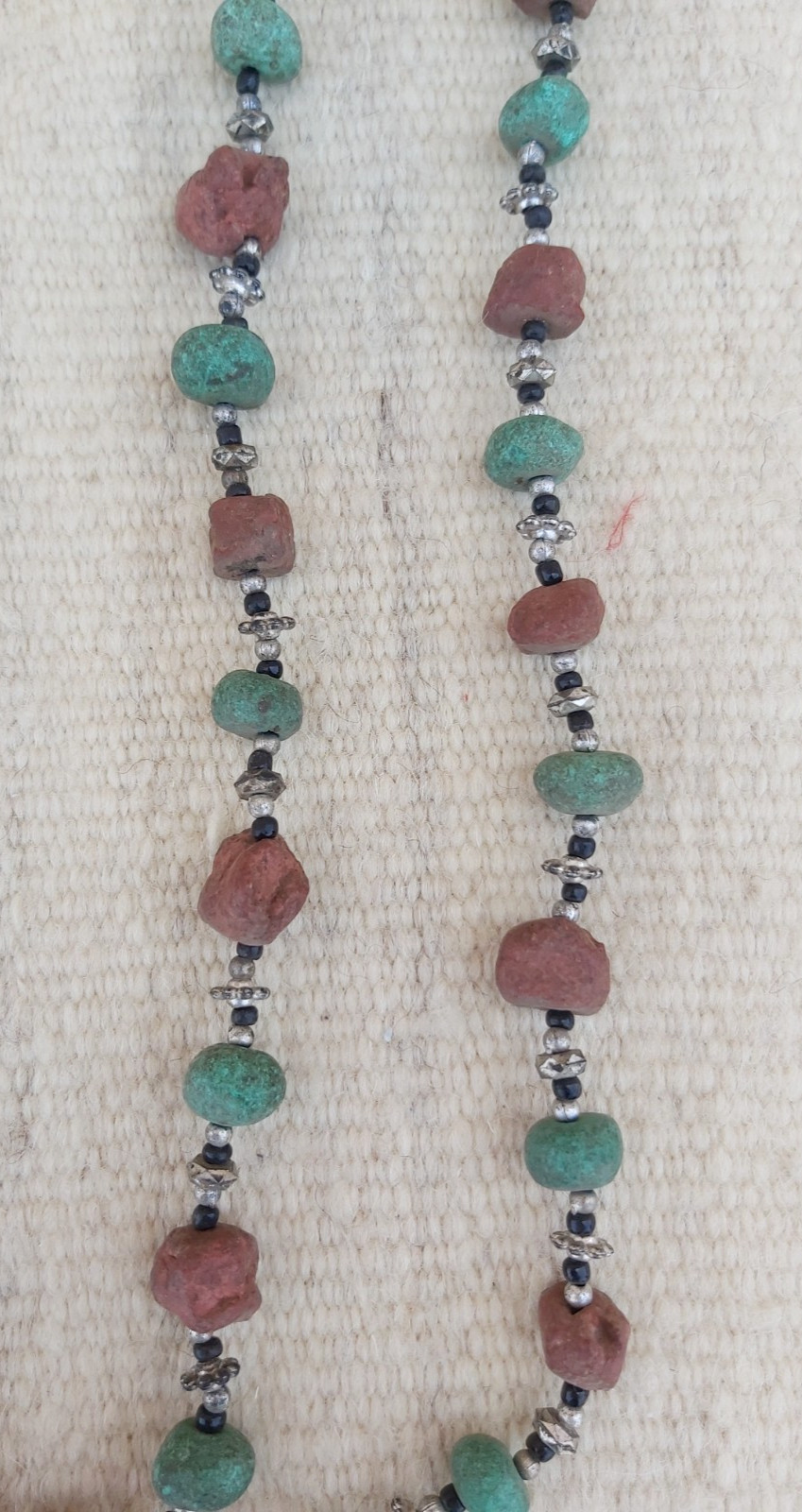 Vintage Tribal Terracotta & Turquoise Green Bead Necklace Long Boho Ethnic Stran
