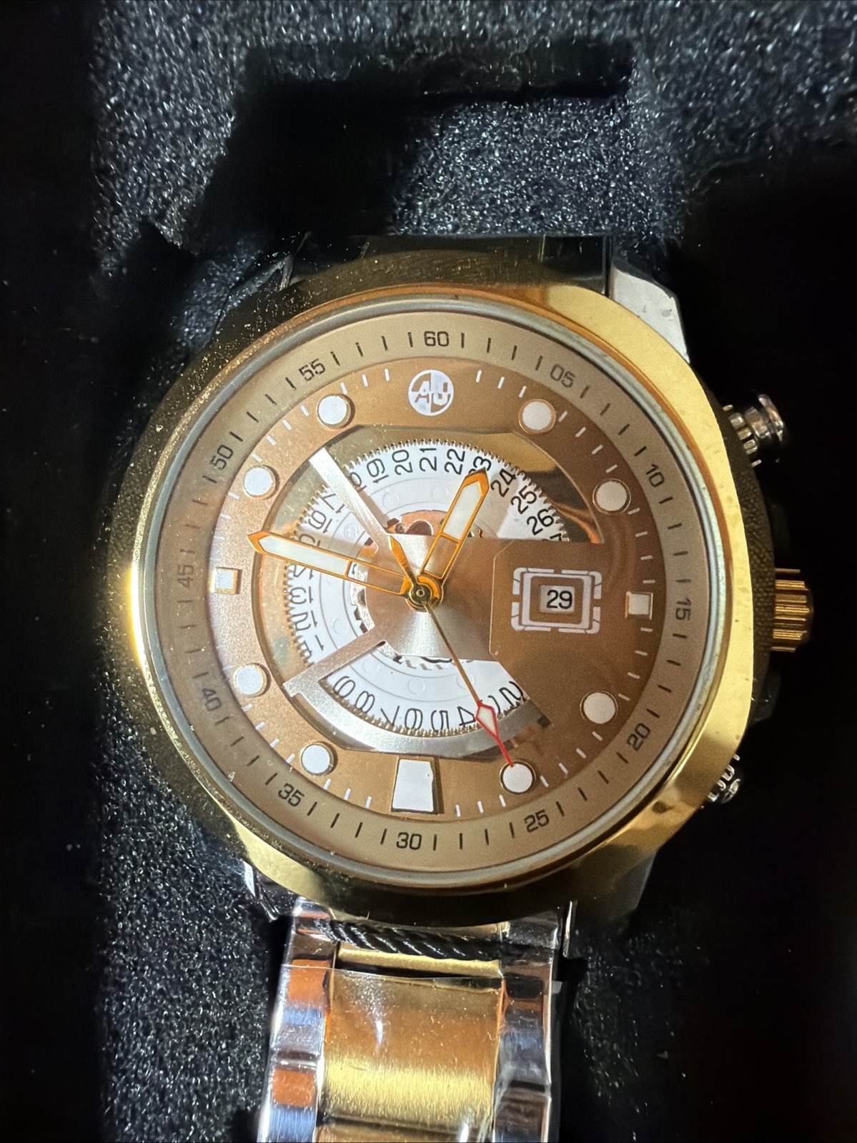 AJ 45mm Quartz Open Dial Gold Silver Men’s Watch New in Box Date Display. Heavy