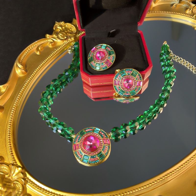 Vintage Multicolor Rhinestone Jewelry Set Green Crystal Beaded Necklace forwoman