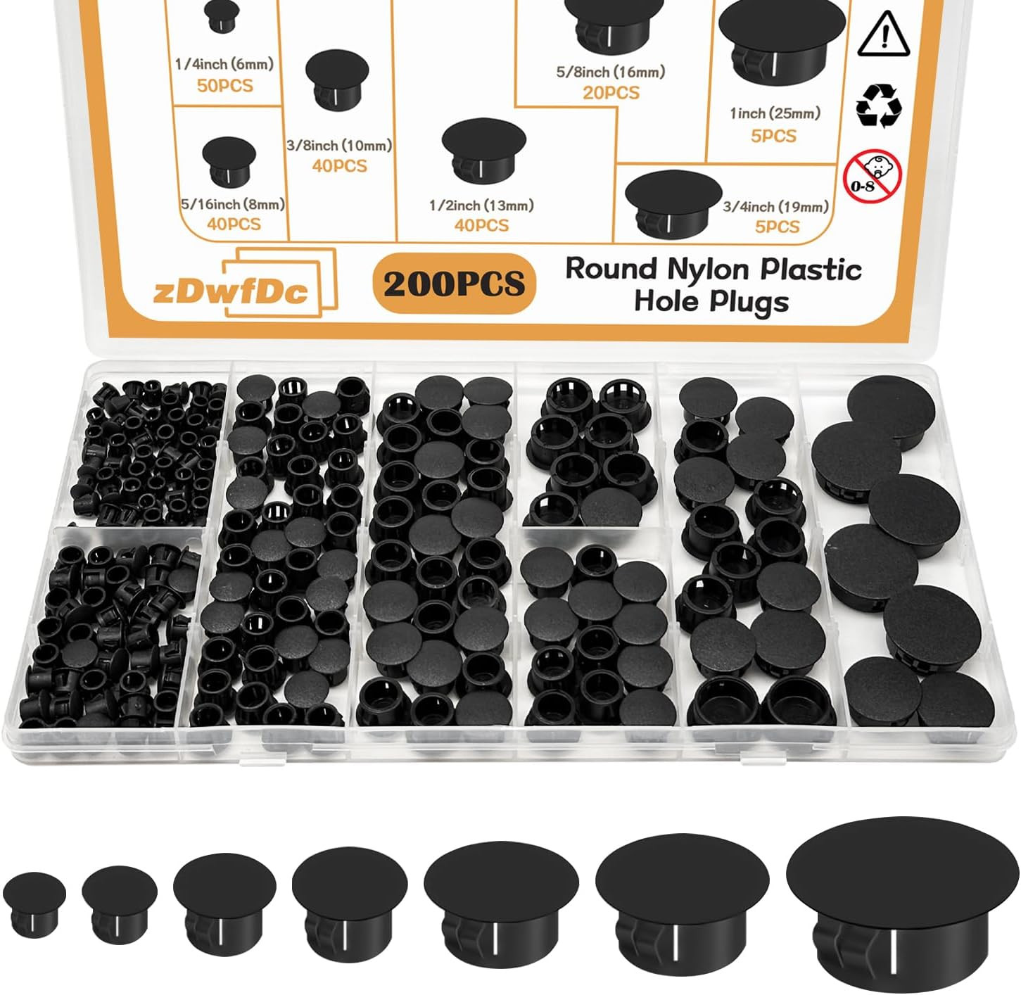 200PCS 7 Sizes Black Hole Plugs Nylon Plastic Plugs for round Holes, 1″ 3/4″ 5/8