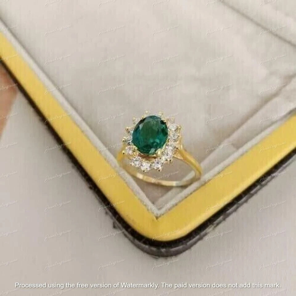 2.30Ct Oval Cut Green Emerald Lab-Created Engagement Ring 14k Yellow Gold Plated