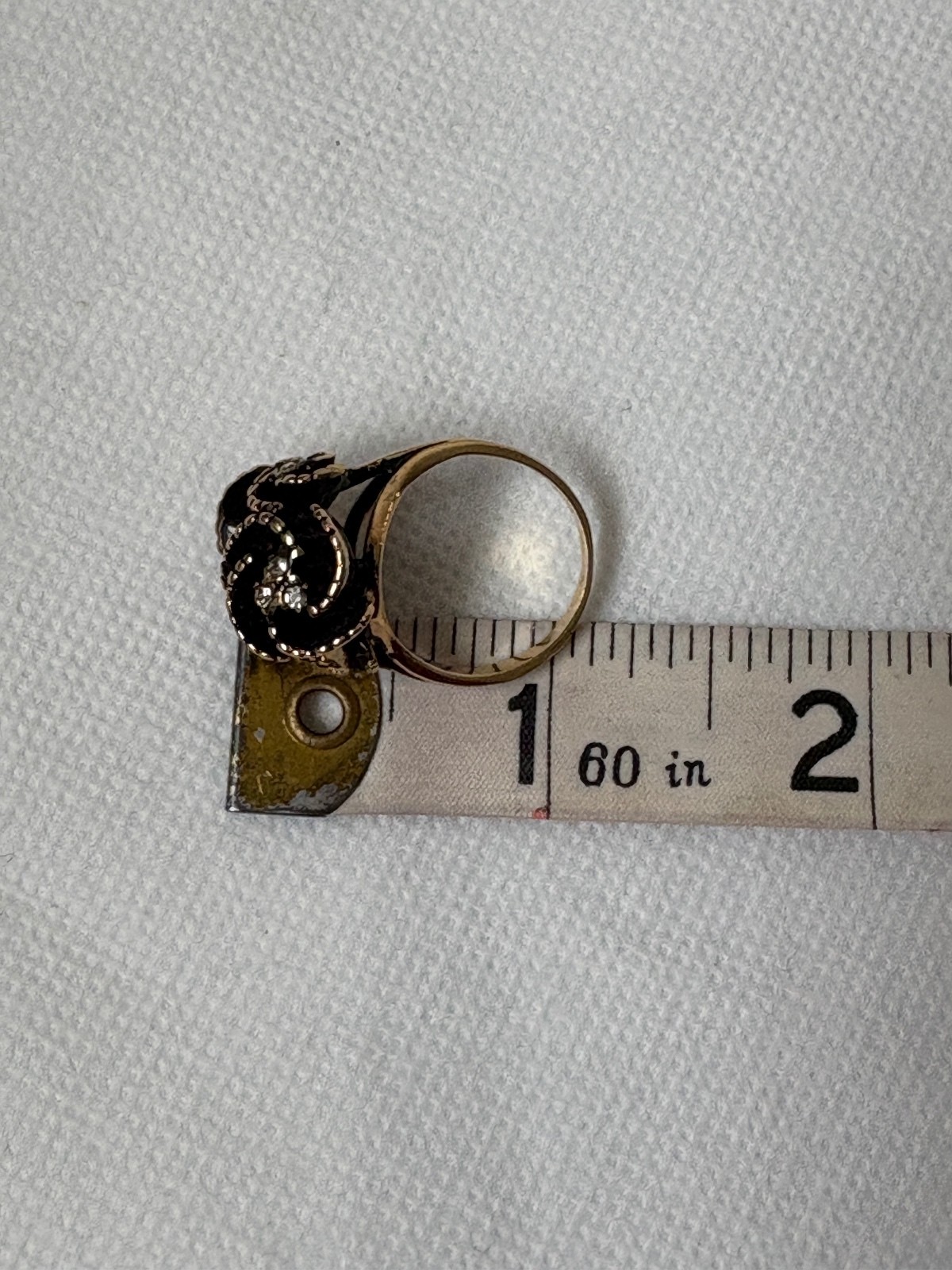 Vintage Gold-Tone Swirling Ring with Black Enamel and Clear Rhinestones, Gift-Ed