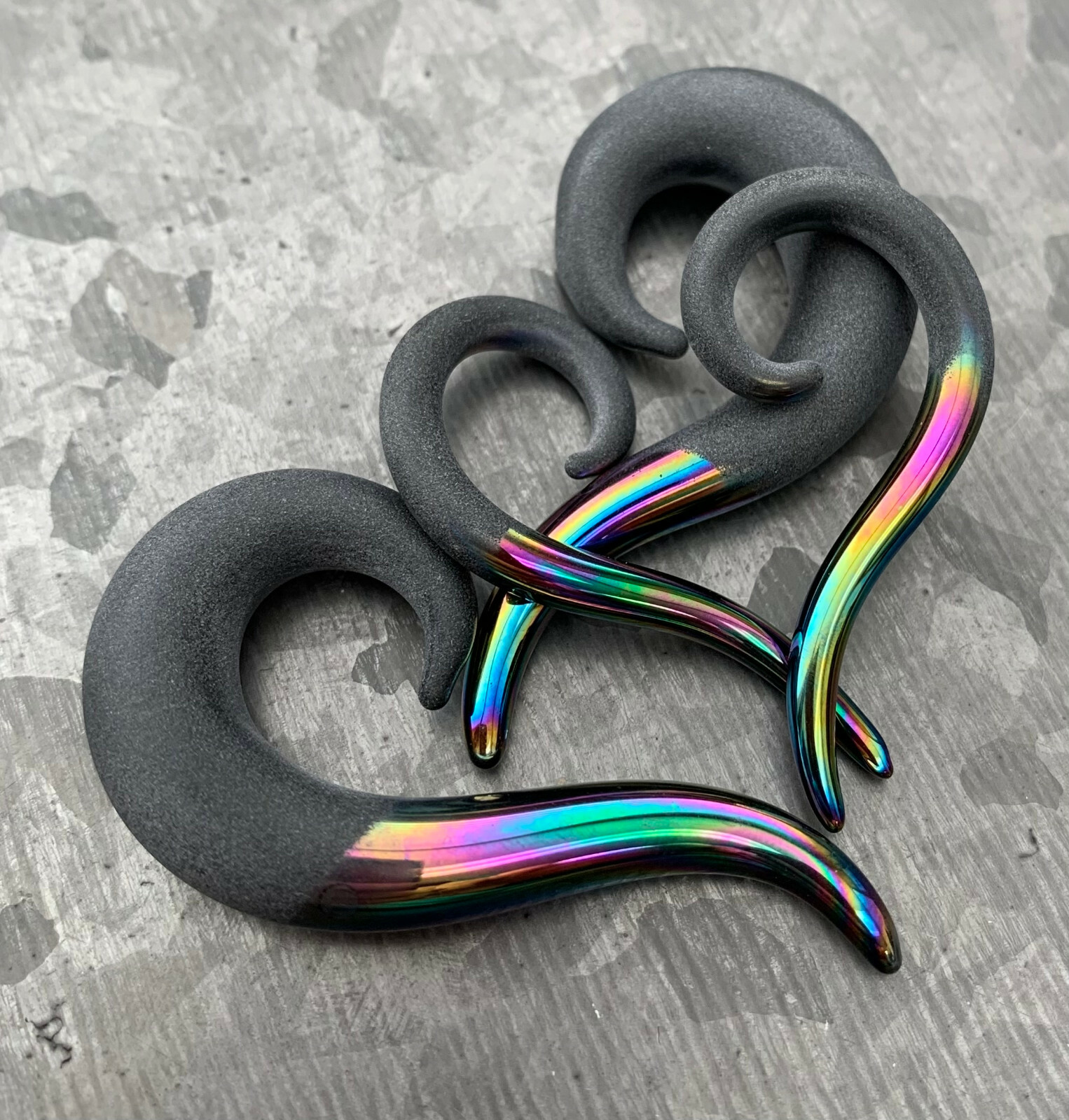 PAIR Two-Toned Matte & Rainbow Glass Spiral Hanging Tapers Expander Plugs Gauges