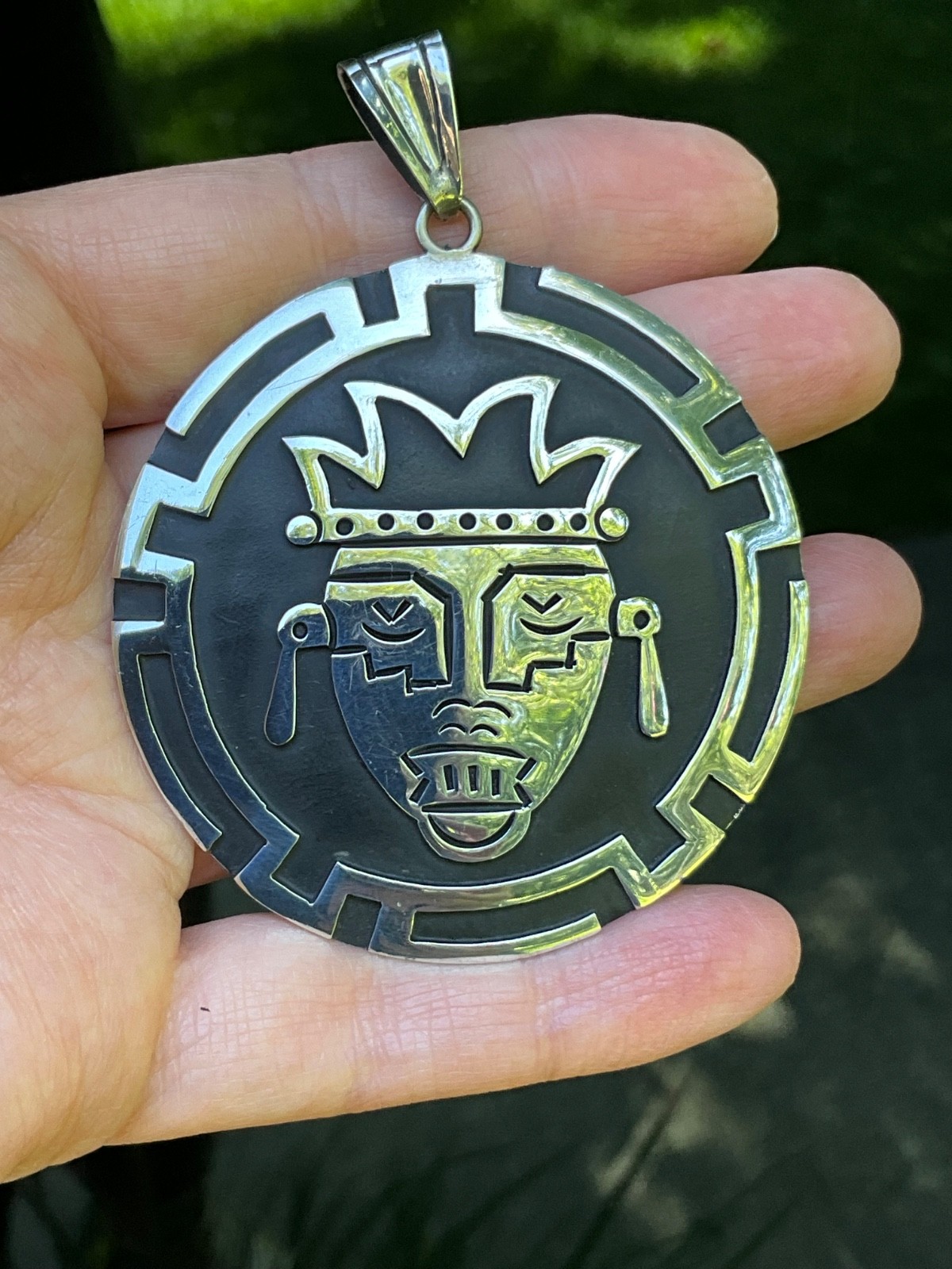 Huge Vintage Sterling Silver Aztec Mask Pendant Mexico 22.4g Handcrafted Tribal
