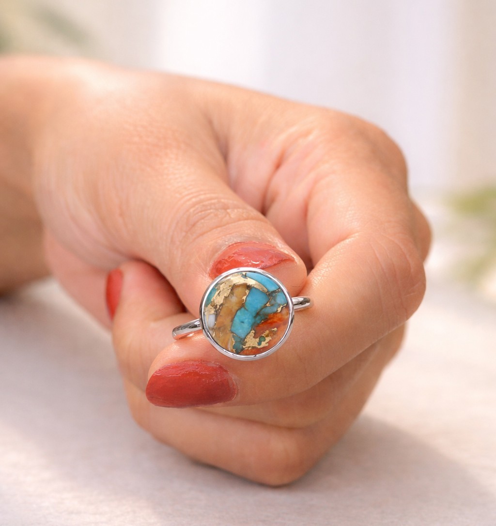 Spiny Oyster Turquoise Ring 925 Sterling Silver Handmade Ring for Women