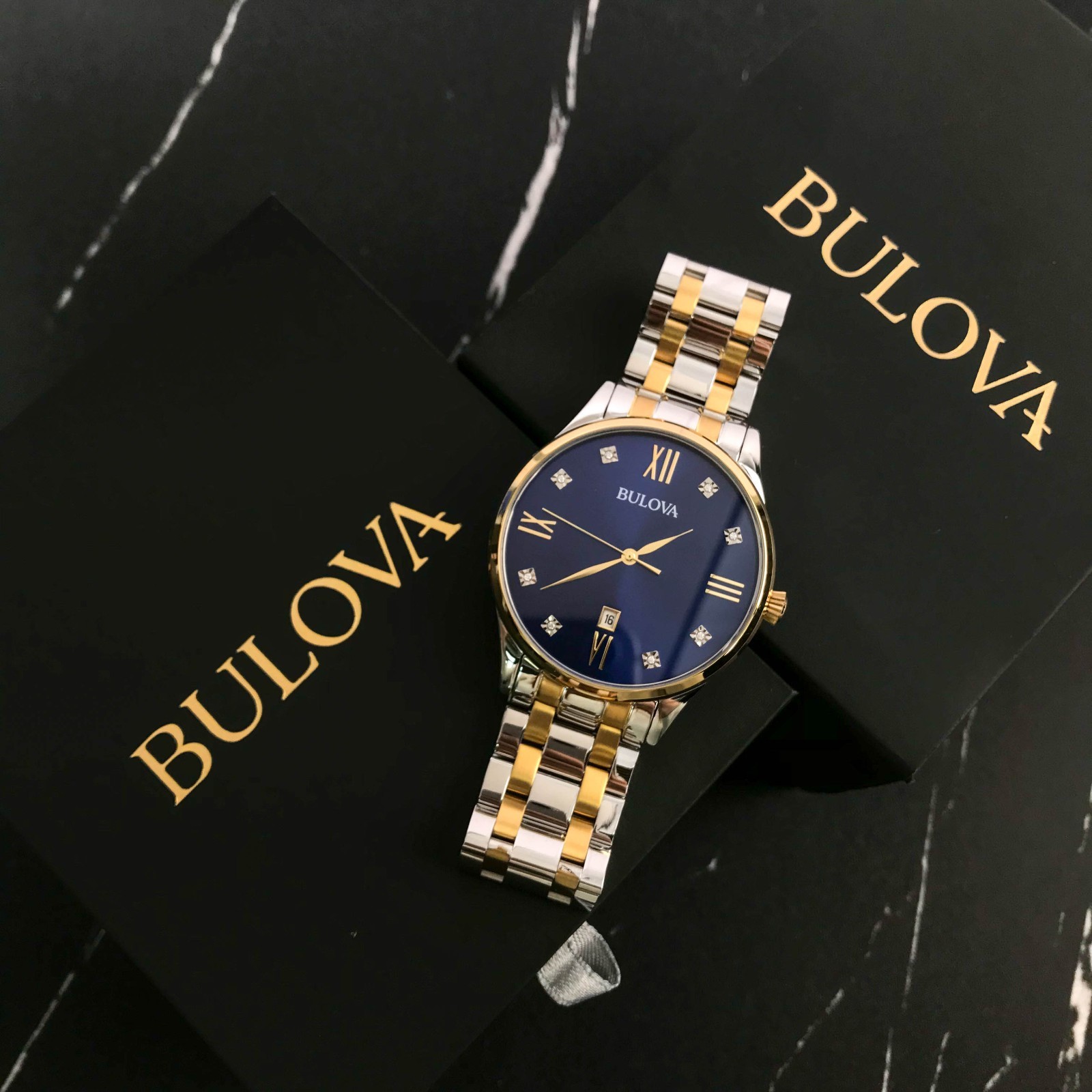 Bulova Classic 98D130 Men’s Diamond Accent Two-Tone Blue Dial 40mm Quartz Watch