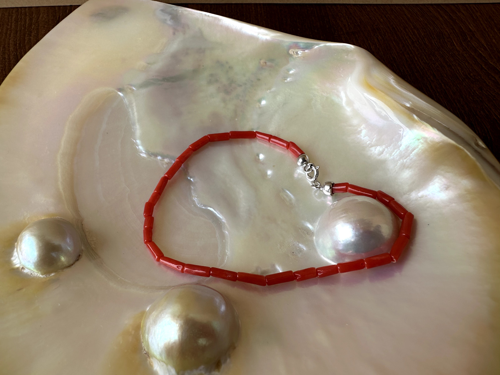 Bracciale a “cannette” di vero corallo rosso del mediterraneo e argento