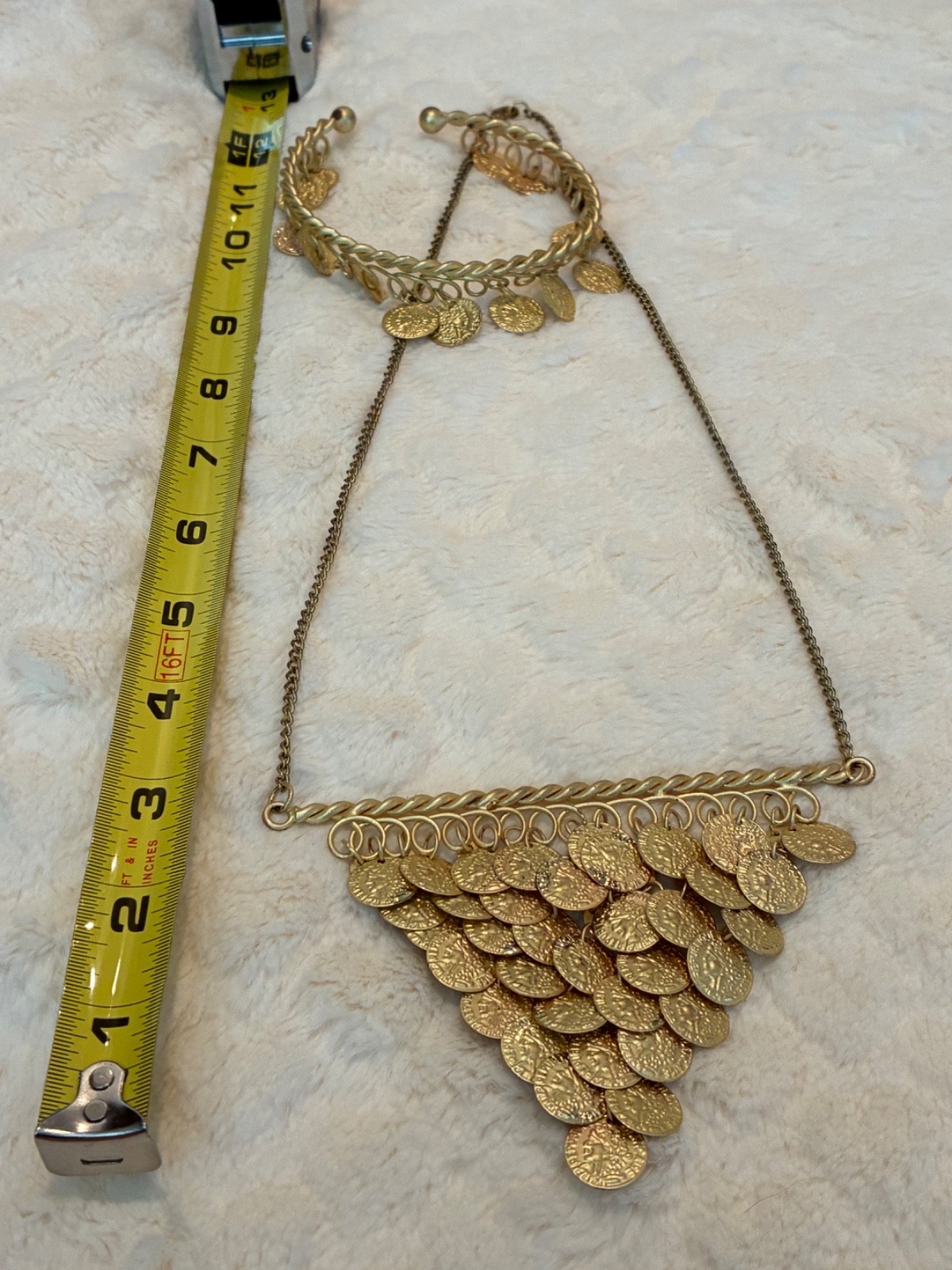 Roman Style Gold Tone Dangling Coin Bib Bar Costume Necklace & Armband