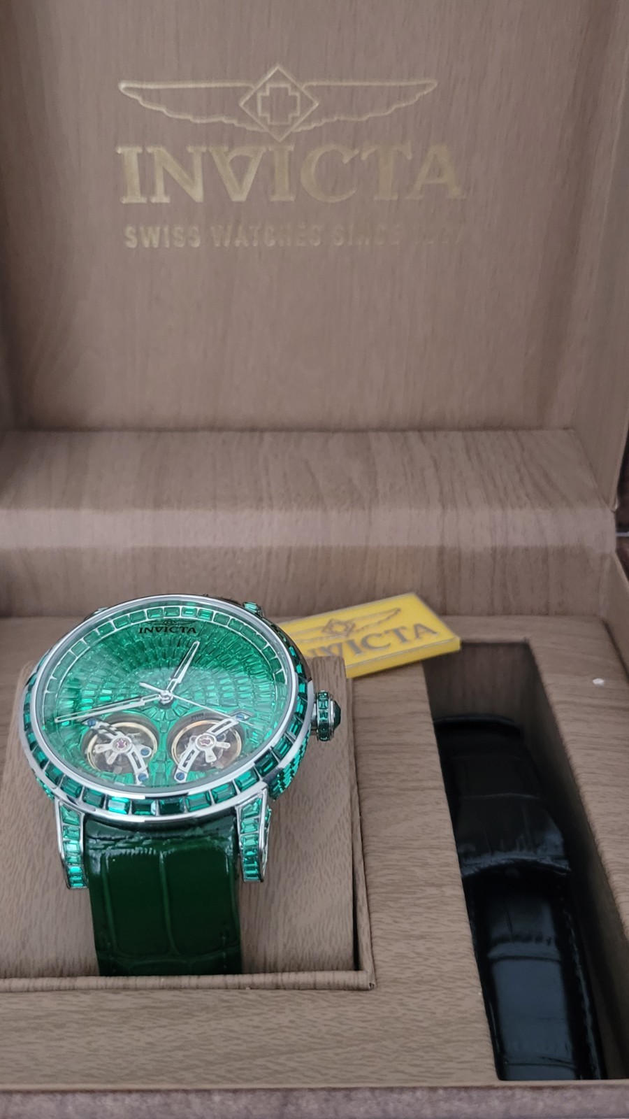 Invicta 69456 Men’s Automatic Skeleton Green Dial 45mm Leather 50m Box